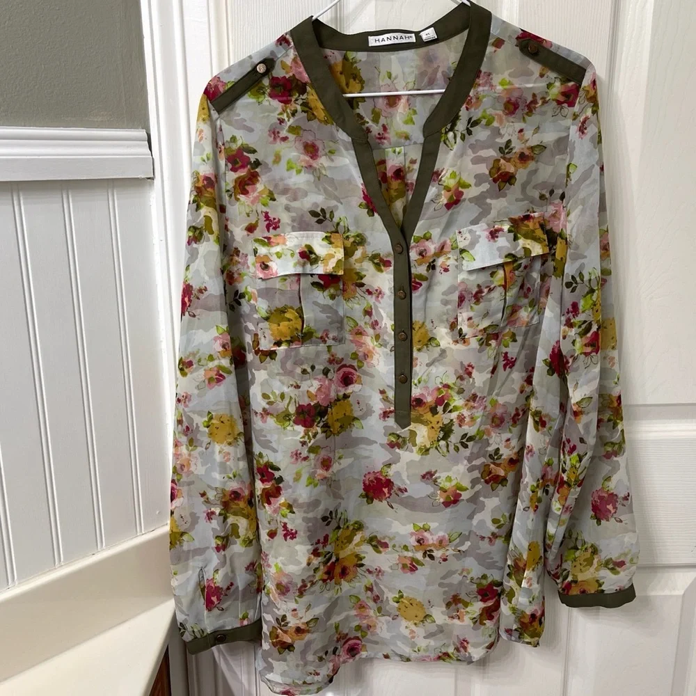 Hannah Floral Sheer Blouse with Olive Accents - Picture 7 of 8